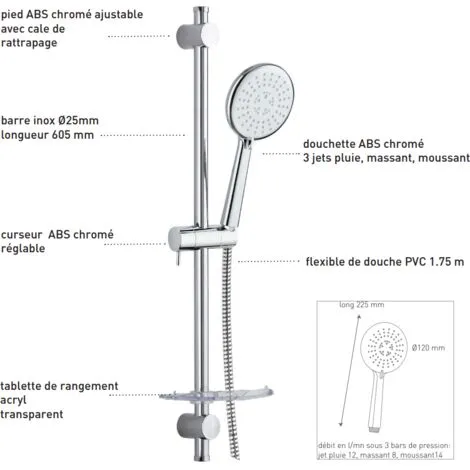 Ensemble Barre De Douche D. 25 Mm L. 600 Mm, 3 Jets D. 120 Mm Avec Porte Savon Valentin 2 Ensemble Barre De Douche D. 25 Mm L. 600 Mm, 3 Jets D. 120 Mm Avec Porte Savon Valentin – Image 2