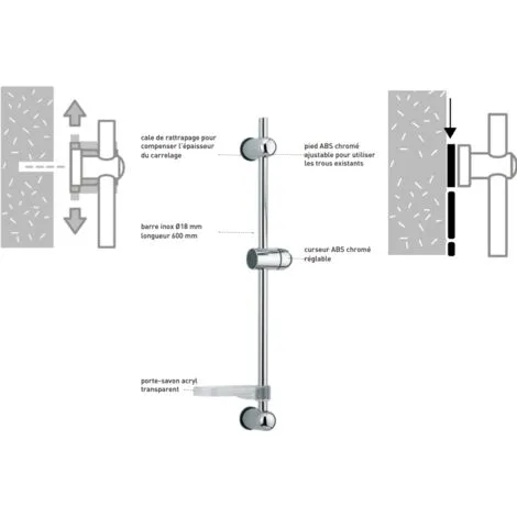 Barre De Douche Diamètre 18 Mm à Entraxe Variable, Porte-savon Inclus, Inox Et ABS Valentin 2 Barre De Douche Diamètre 18 Mm à Entraxe Variable, Porte-savon Inclus, Inox Et ABS Valentin – Image 2