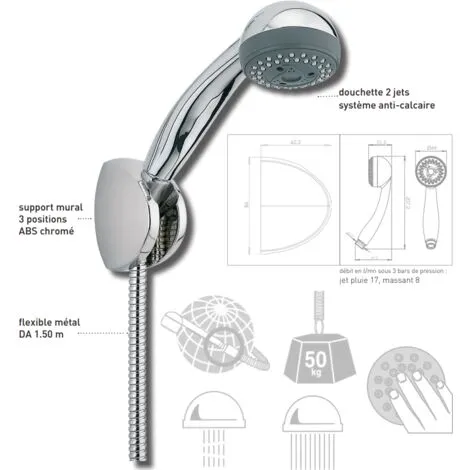 Kit Douchette, Pommeau 2 Jets, Flexible En Laiton 1,50m Et Support Mural 3 Positions, Chromé Valentin 2 Kit Douchette, Pommeau 2 Jets, Flexible En Laiton 1,50m Et Support Mural 3 Positions, Chromé Valentin – Image 2
