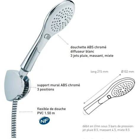 Kit De Douche Universel Inouïe 3 Jets, Flexible 1,50 M, Support Mural 3 Inclinaisons, Chromé Valentin 2 Kit De Douche Universel Inouïe 3 Jets, Flexible 1,50 M, Support Mural 3 Inclinaisons, Chromé Valentin – Image 2